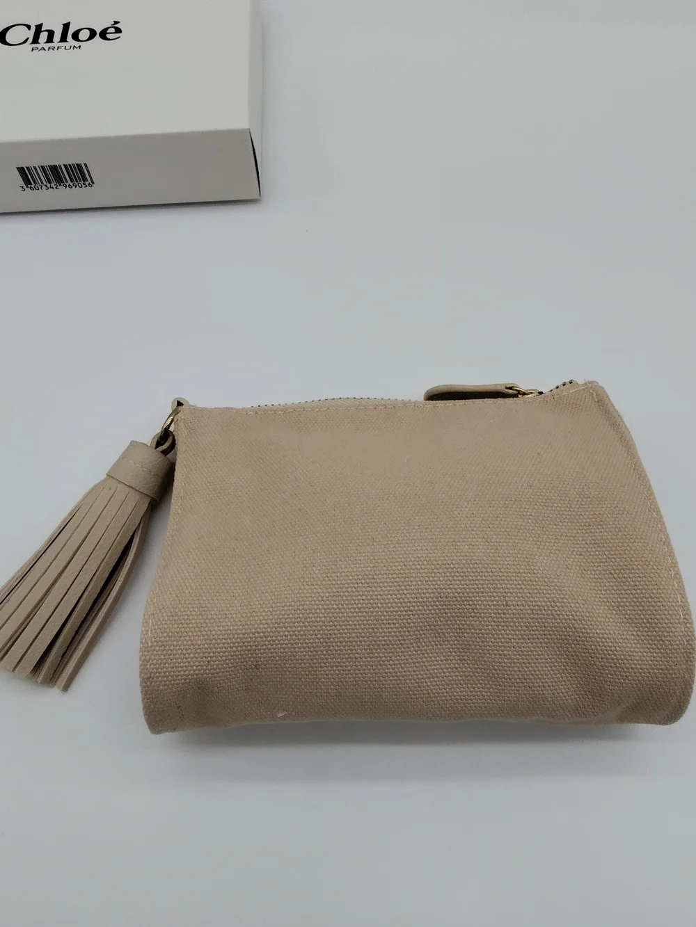 CHLOÉ Parfum Canvas Tassel Cosmetic Pouch Beige Beauty Makeup Bag NIB NWT